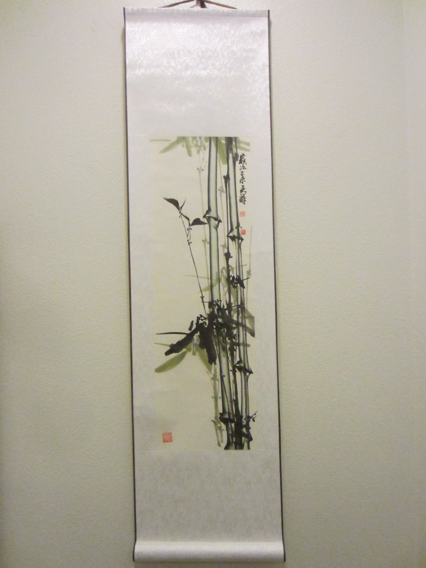 Japanese Silk Scroll Bamboo Tree Painting Artist Signed Stamped Scripted Calligraphy