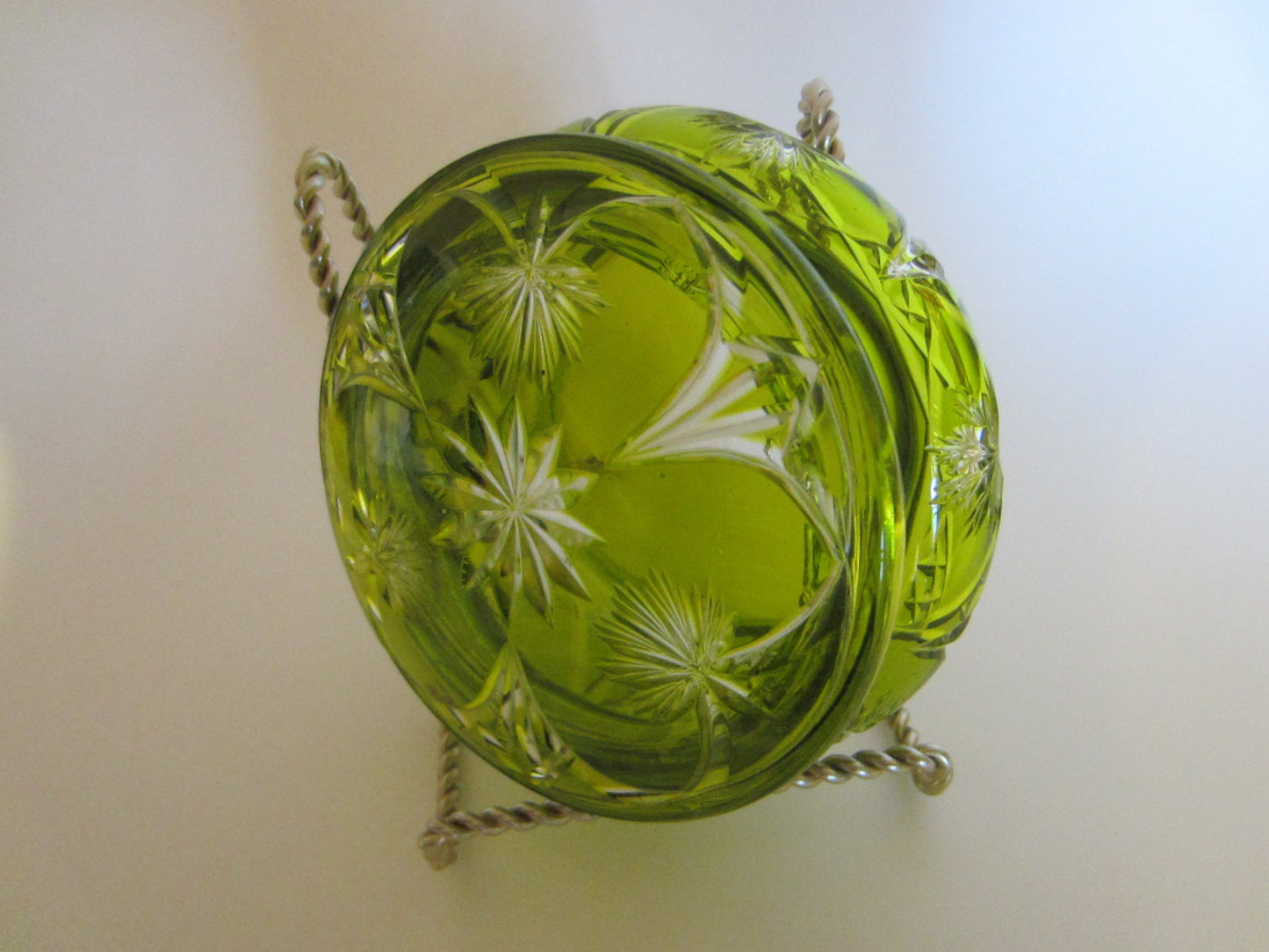 Bohemian Overlay Glass Green Star Medallion Hand Cut Covered Box - Designer Unique Finds 