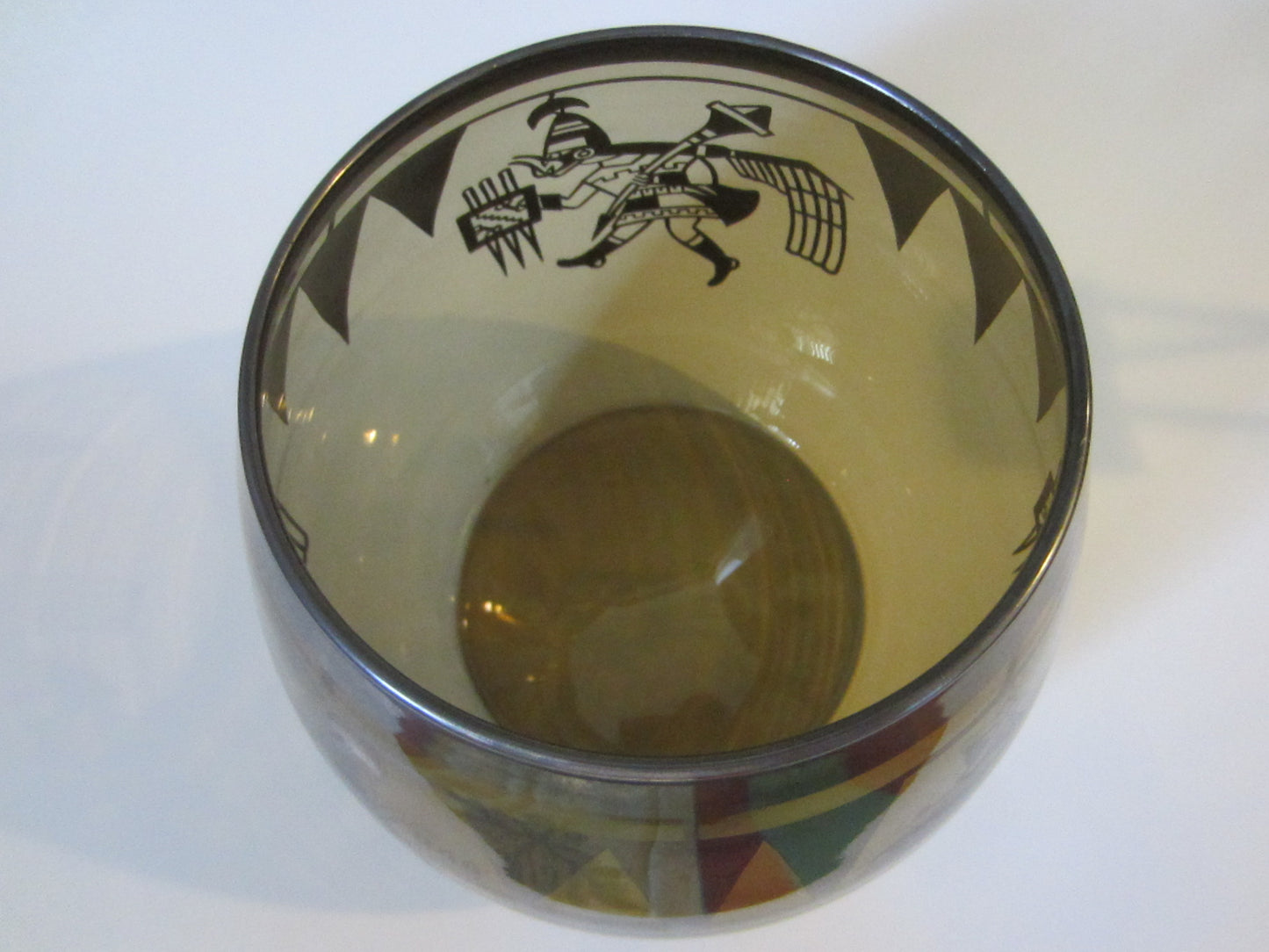 Southwestern Native Style Smokey Topaz Figurative Folk Art Glass Bowl