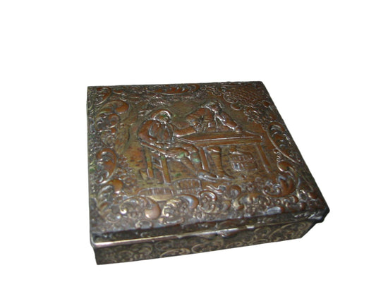 Japan Silver Metal Humidor Cigar Box Figurative Chasing - Designer Unique Finds 