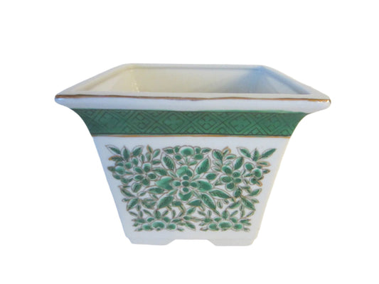 Botanical Green Chinoiserie Porcelain Planter Gilt Accent Marked AFC Hong Kong