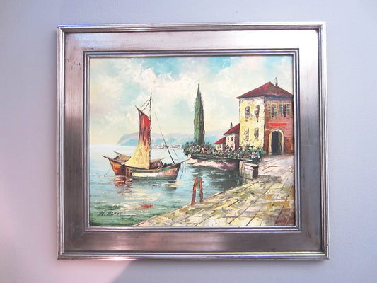 H Hugo Seascape Oil On Canvas Italian Coastal Scene Boats Villas - Designer Unique Finds 
 - 3