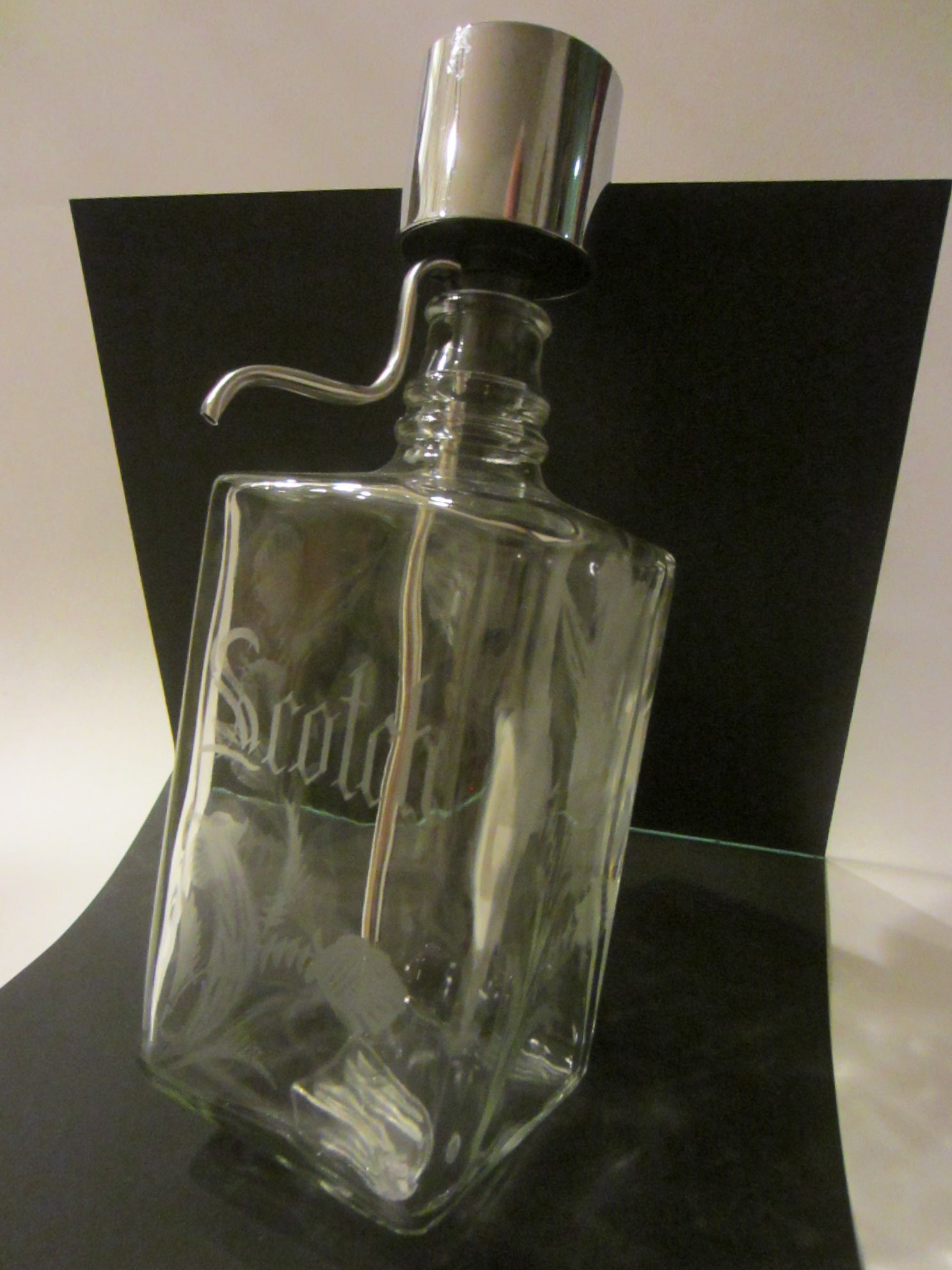 Scotch Glass Decanter Chrome Dispenser Decorated Flowers - Designer Unique Finds 