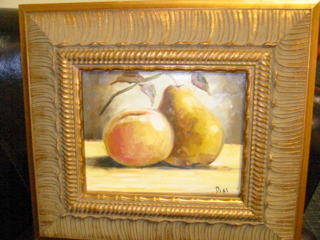 Still Life Fruits Oil On Board Signed Dixi Peach And Pair - Designer Unique Finds 