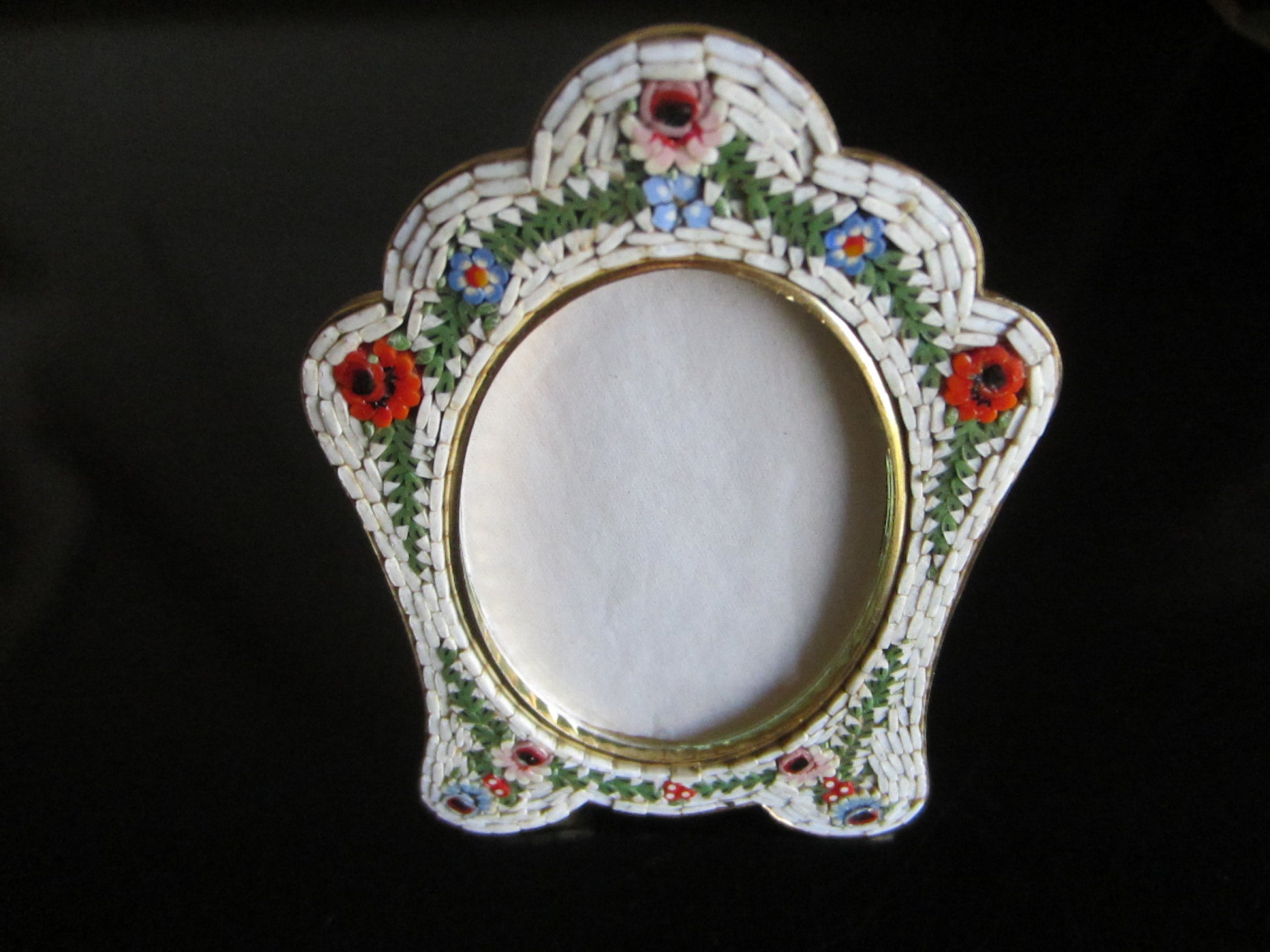 Italian Micro Mosaic Picture Frame Brass Self Stand Marked Italy - Designer Unique Finds 