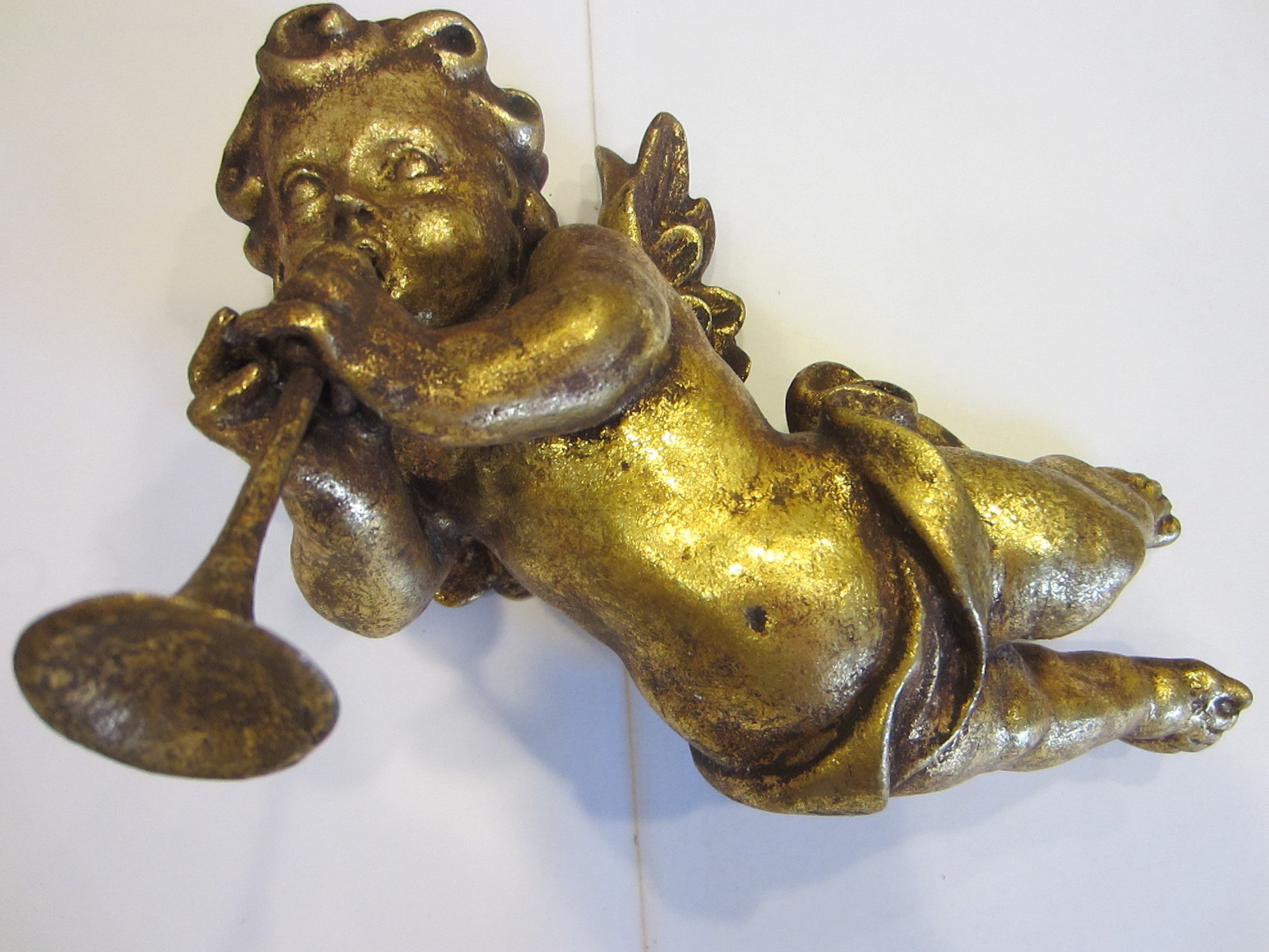 Heraldic Angel Wood Sculpture Trumpet Player Wings Emboss Gilt - Designer Unique Finds 
 - 1