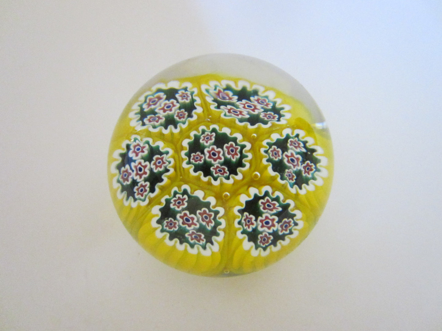 Millefiori Murano Italy Glass Paperweight Yellow Bed Blue Flowers - Designer Unique Finds 