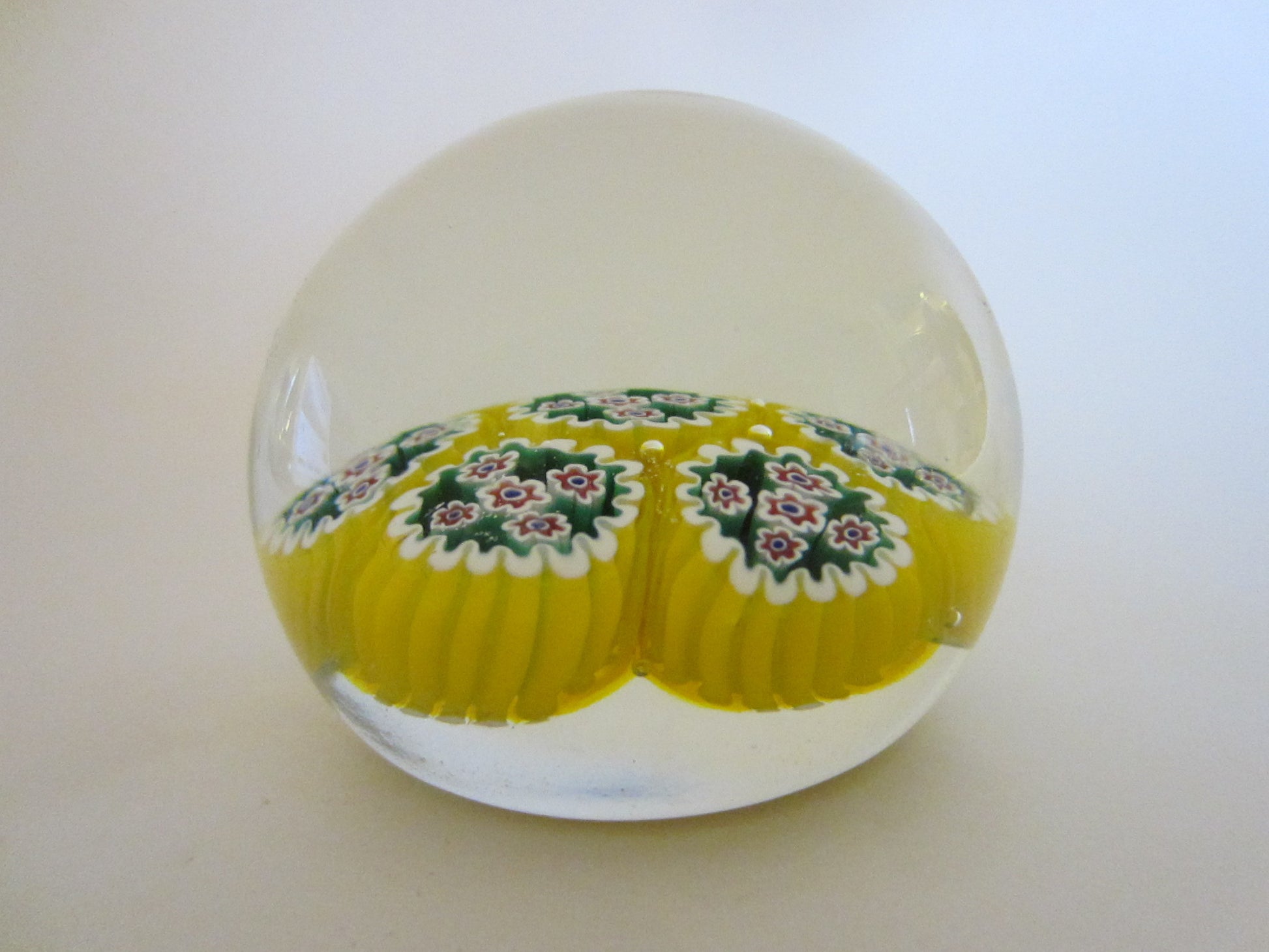 Millefiori Murano Italy Glass Paperweight Yellow Bed Blue Flowers - Designer Unique Finds 