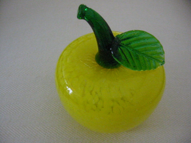 Yellow Glass Apple Green Stemmed Blown Paperweight - Designer Unique Finds 