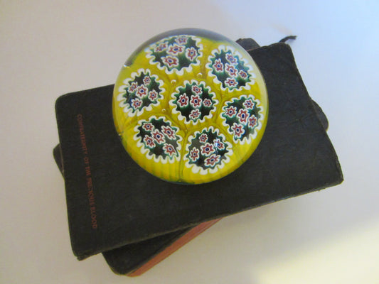 Millefiori Murano Italy Glass Paperweight Yellow Bed Blue Flowers - Designer Unique Finds 