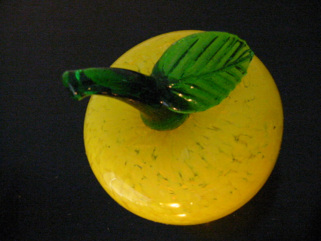 Yellow Glass Apple Green Stemmed Blown Paperweight