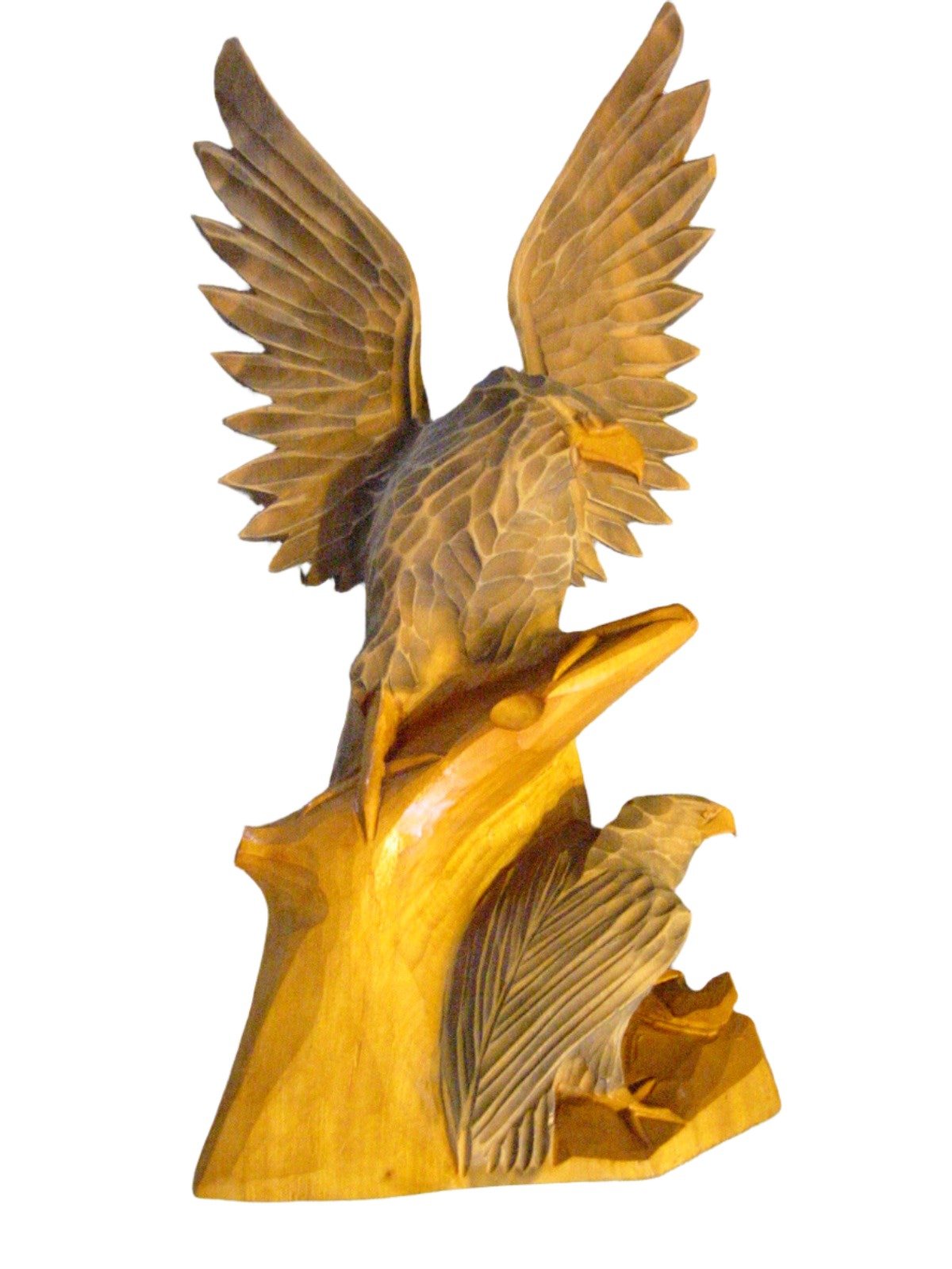 Russian Hand Carved Eagle Falcon With Baby Wood Sculpture - Designer Unique Finds 