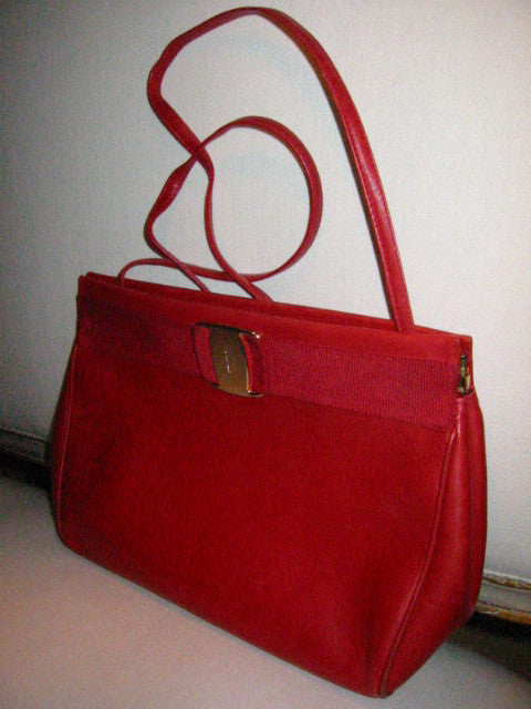 Salvatore Ferragamo Red Leather Clutch Cross Body Long Strap Handbag - Designer Unique Finds 