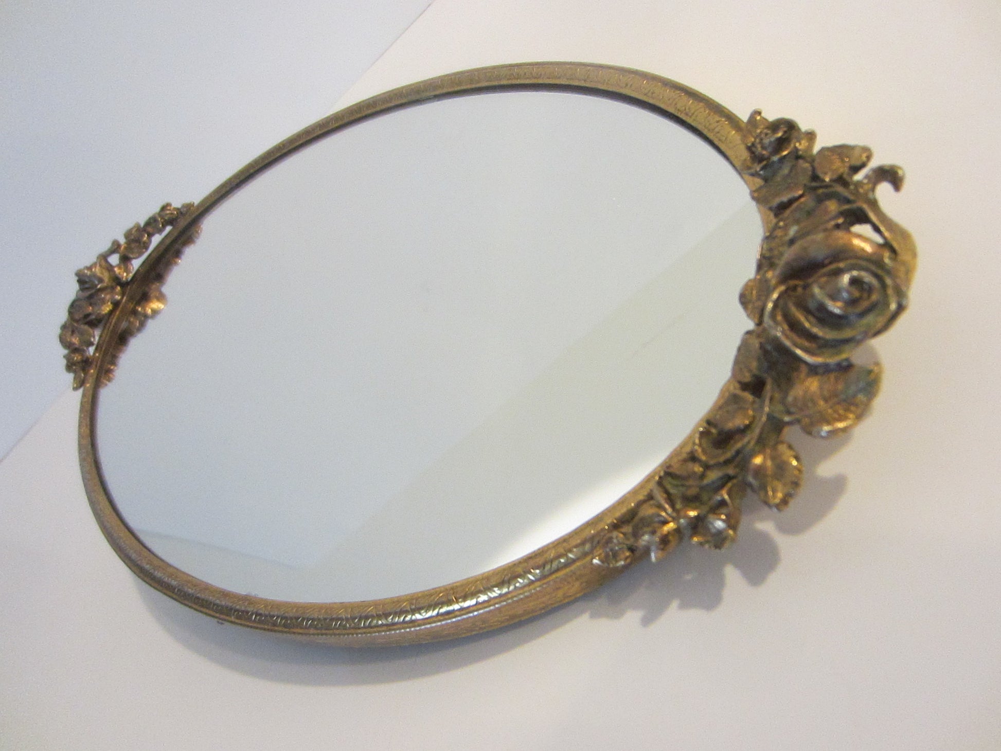 Matson Style Rose Decorated Handles Ormolu Mirror - Designer Unique Finds 