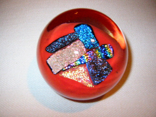 Rose Johnson Red Glass Paperweight Shimmer Gold Blue Specs Signed By Artist - Designer Unique Finds 