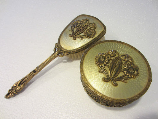 Crystal Brass Powder Jar Brush Set Mid Century Flower Decoration - Designer Unique Finds 
 - 1