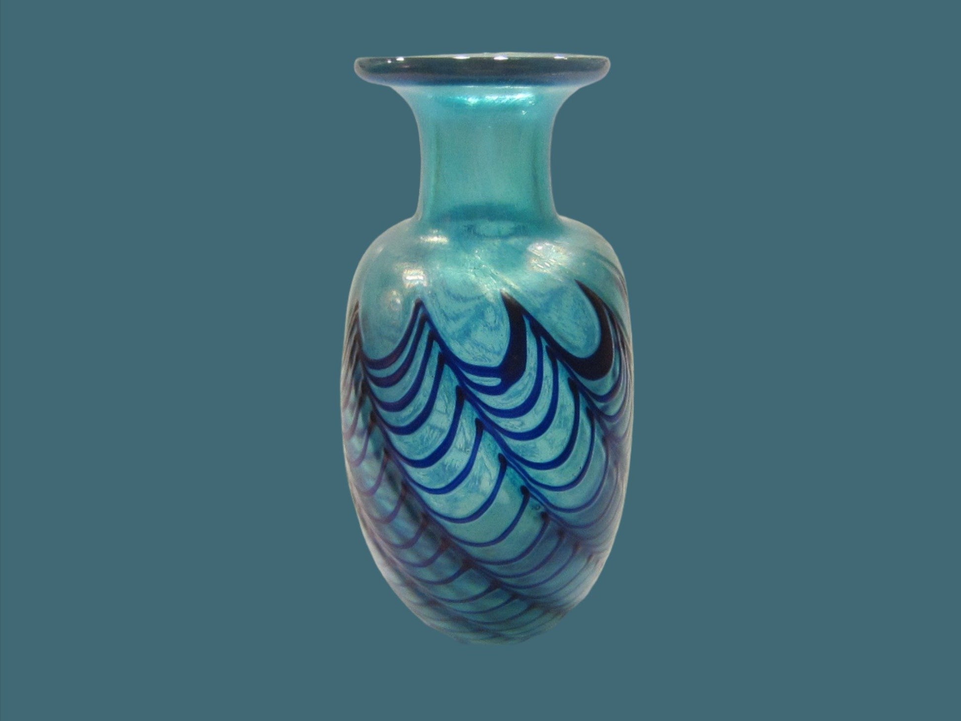 Robert Held Studio Glass Vase Iridescent Blue Signed - Designer Unique Finds 