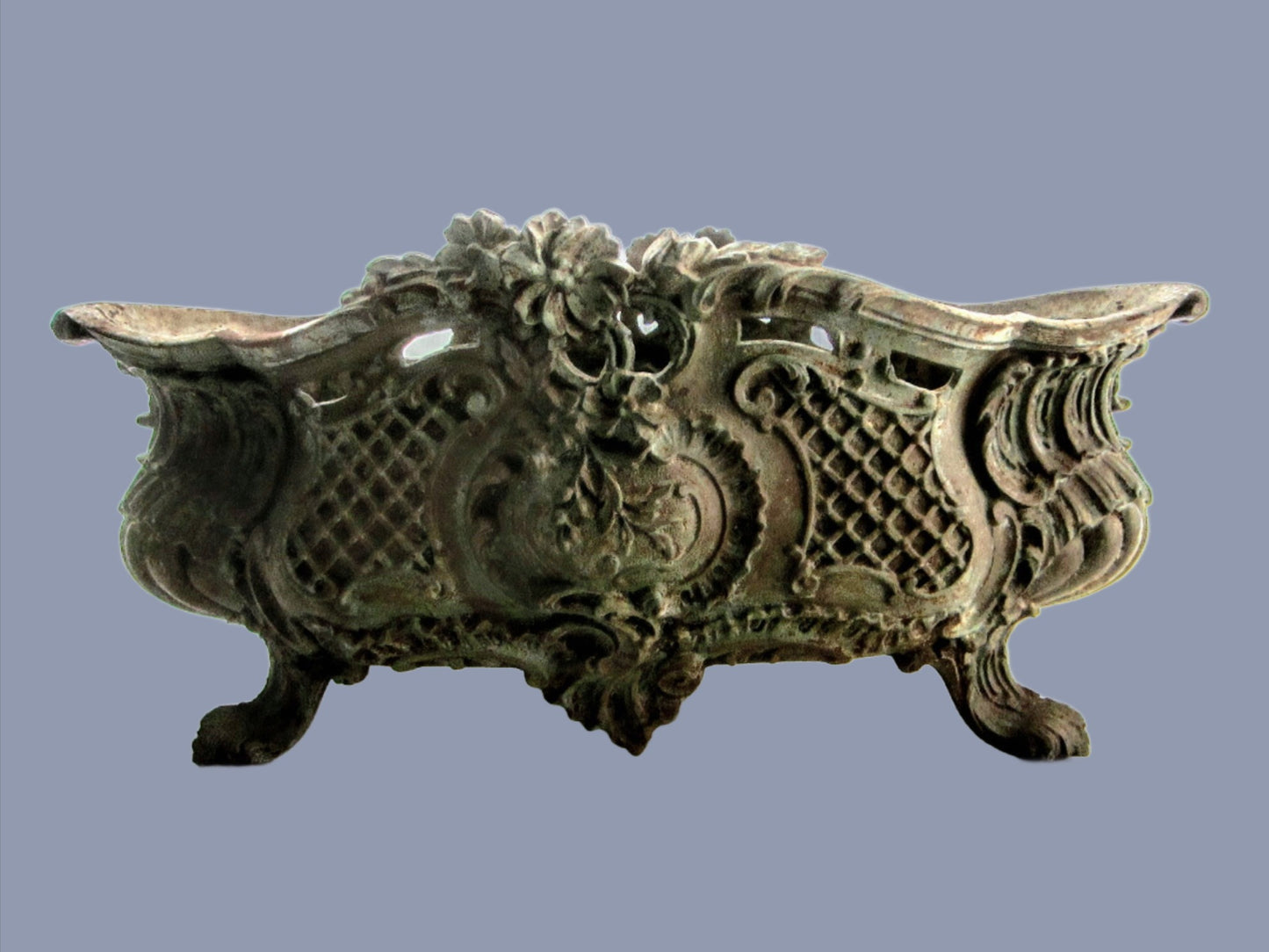 Rococo Verdigris Bronze French Jardiniere Centerpiece Floral Medallion