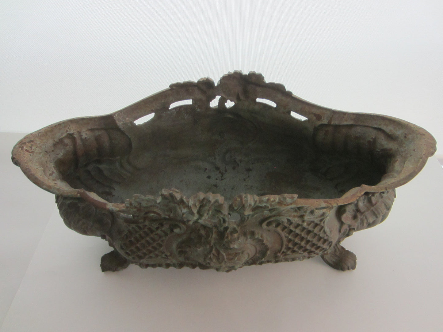 Rococo Verdigris Bronze French Jardiniere Centerpiece Floral Medallion