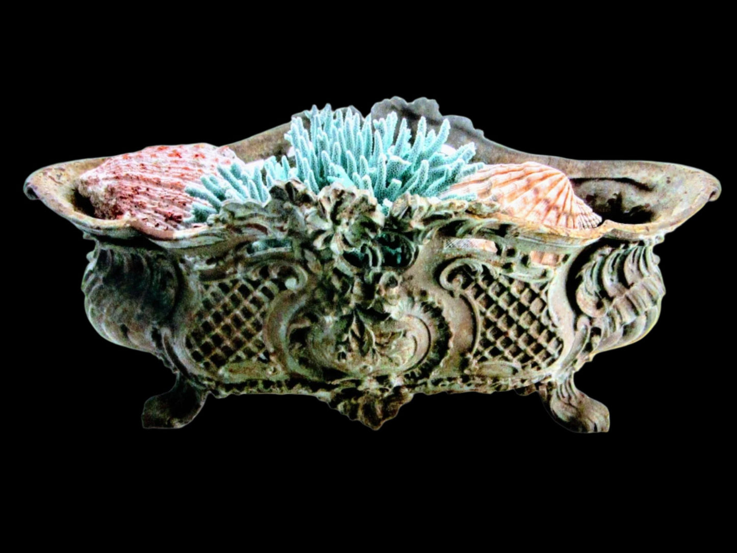 Rococo Verdigris Bronze French Jardiniere Centerpiece Floral Medallion