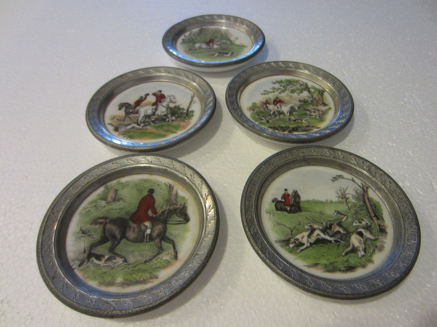 Decorative Porcelain Plates Hunting Equestrian Scene Transfers Metal Frames - Designer Unique Finds 