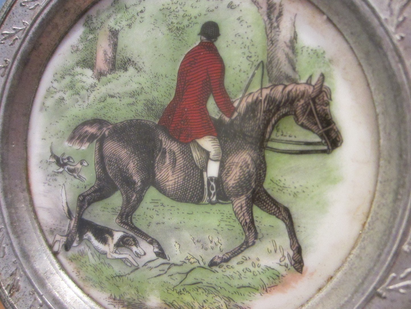 Decorative Porcelain Plates Hunting Equestrian Scene Transfers Metal Frames - Designer Unique Finds 