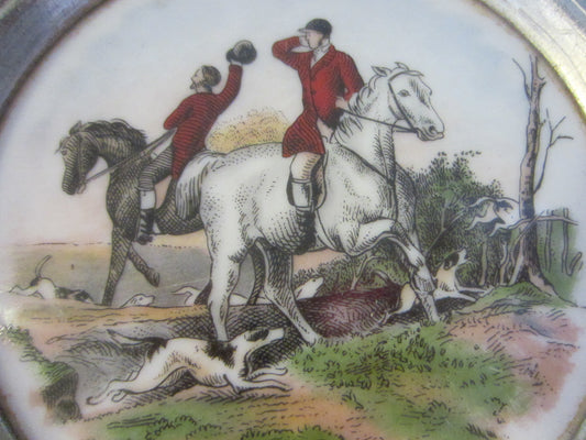 Decorative Porcelain Plates Hunting Equestrian Scene Transfers Metal Frames - Designer Unique Finds 