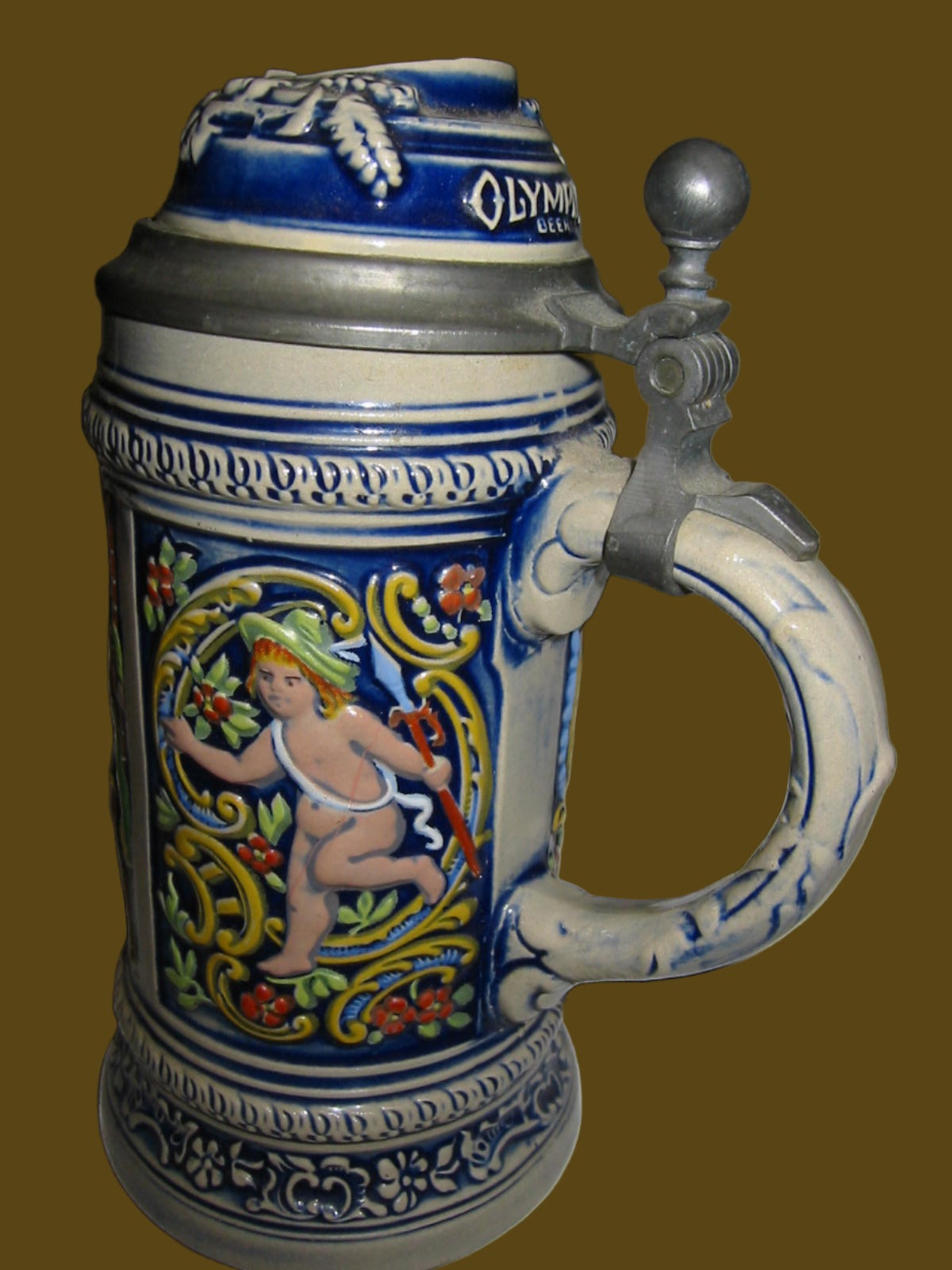 Gerz West Germany Majolica Olympia Figurative Cupid Lidded Tankard