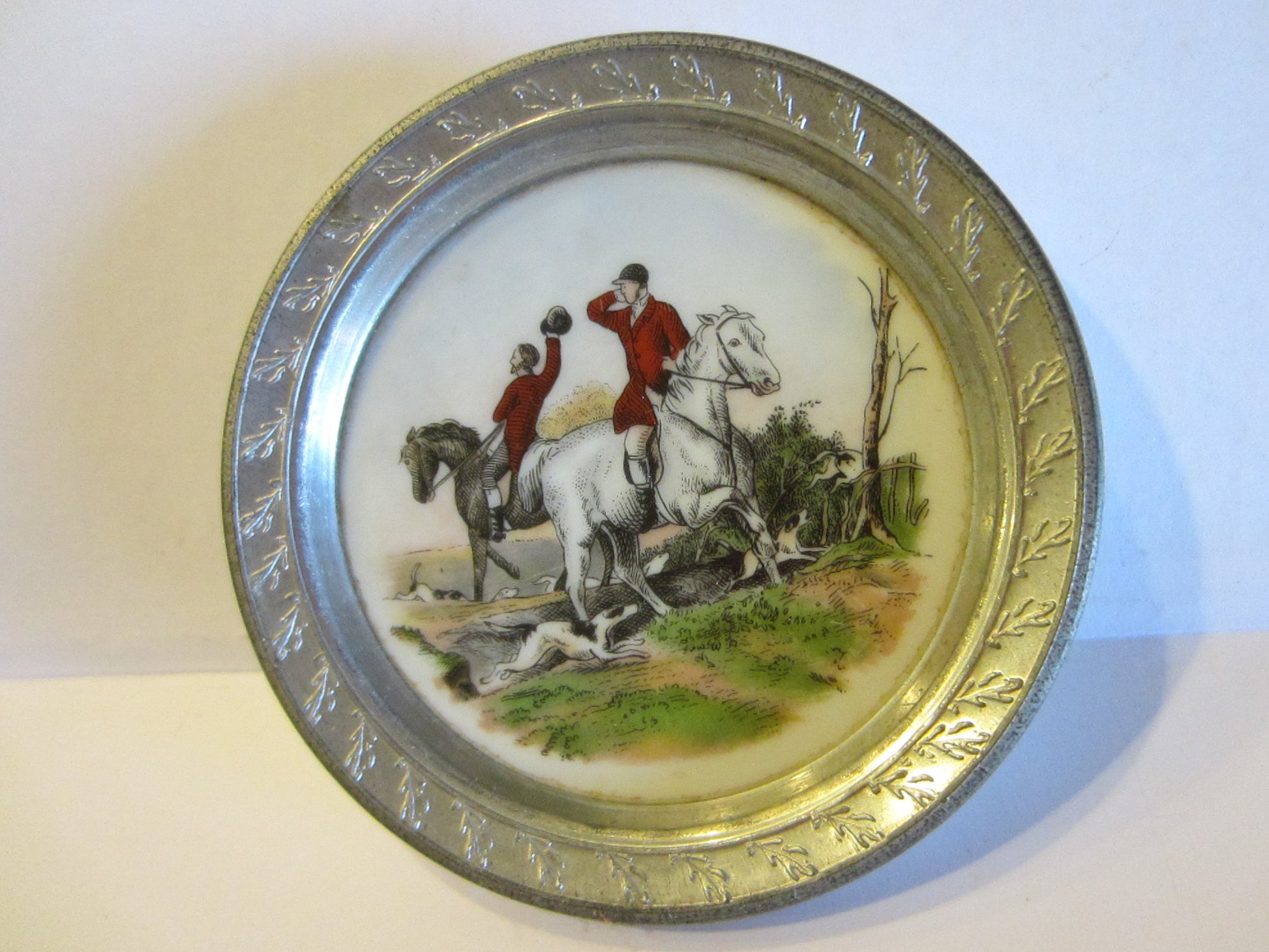 Decorative Porcelain Plates Hunting Equestrian Scene Transfers Metal Frames - Designer Unique Finds 