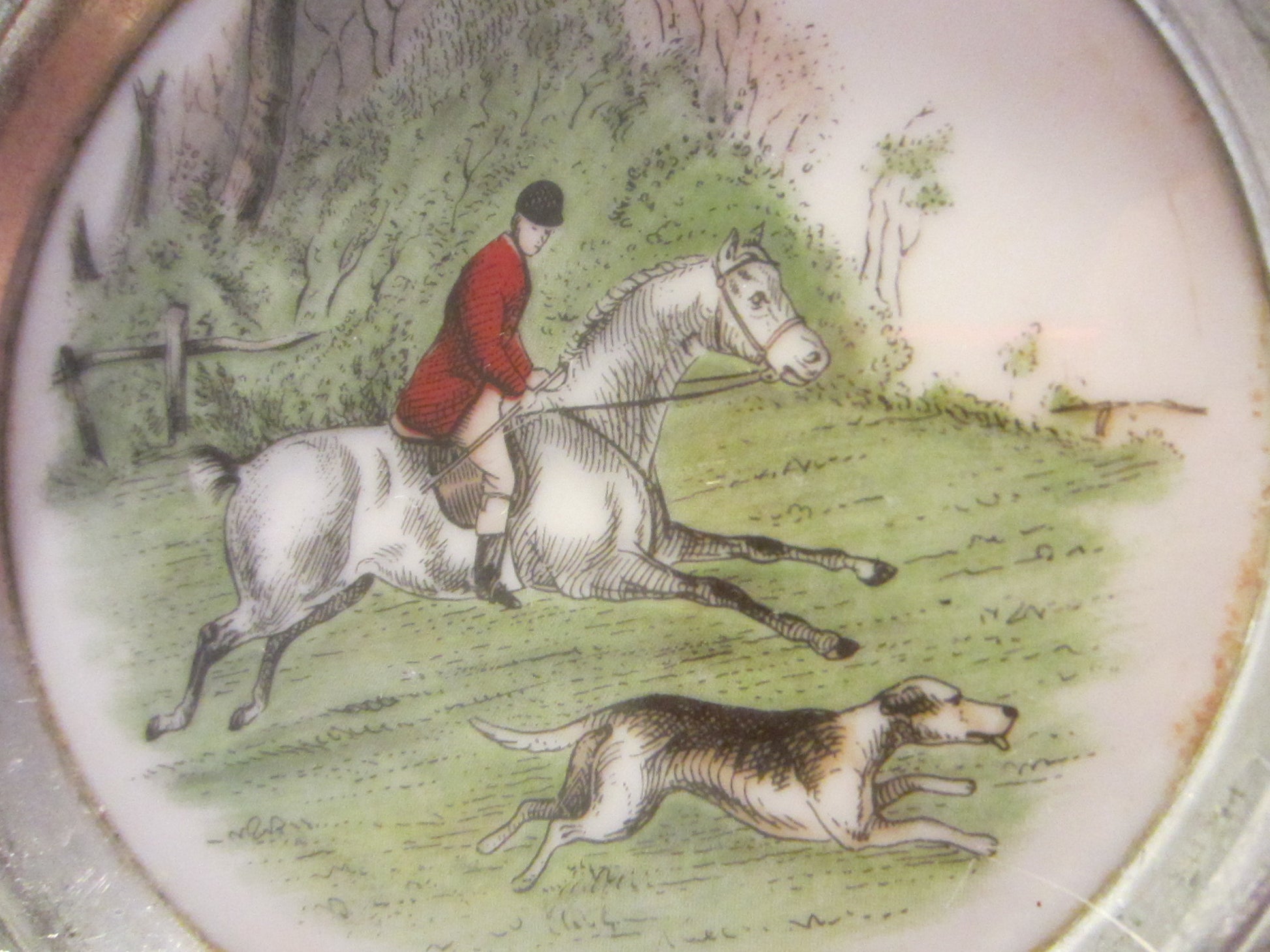 Decorative Porcelain Plates Hunting Equestrian Scene Transfers Metal Frames - Designer Unique Finds 