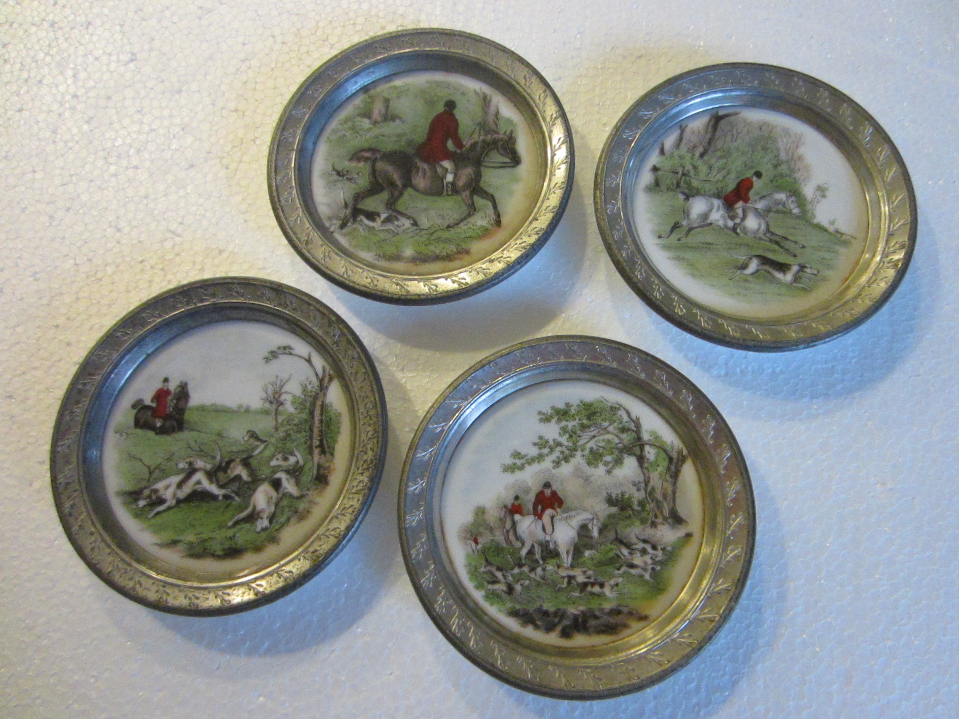 Decorative Porcelain Plates Hunting Equestrian Scene Transfers Metal Frames - Designer Unique Finds 