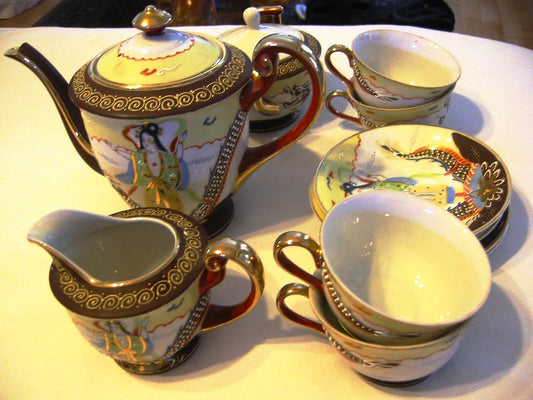 Japan K Satsuma Geisha Porcelain Hand Painted Moriage Tea Service - Designer Unique Finds 