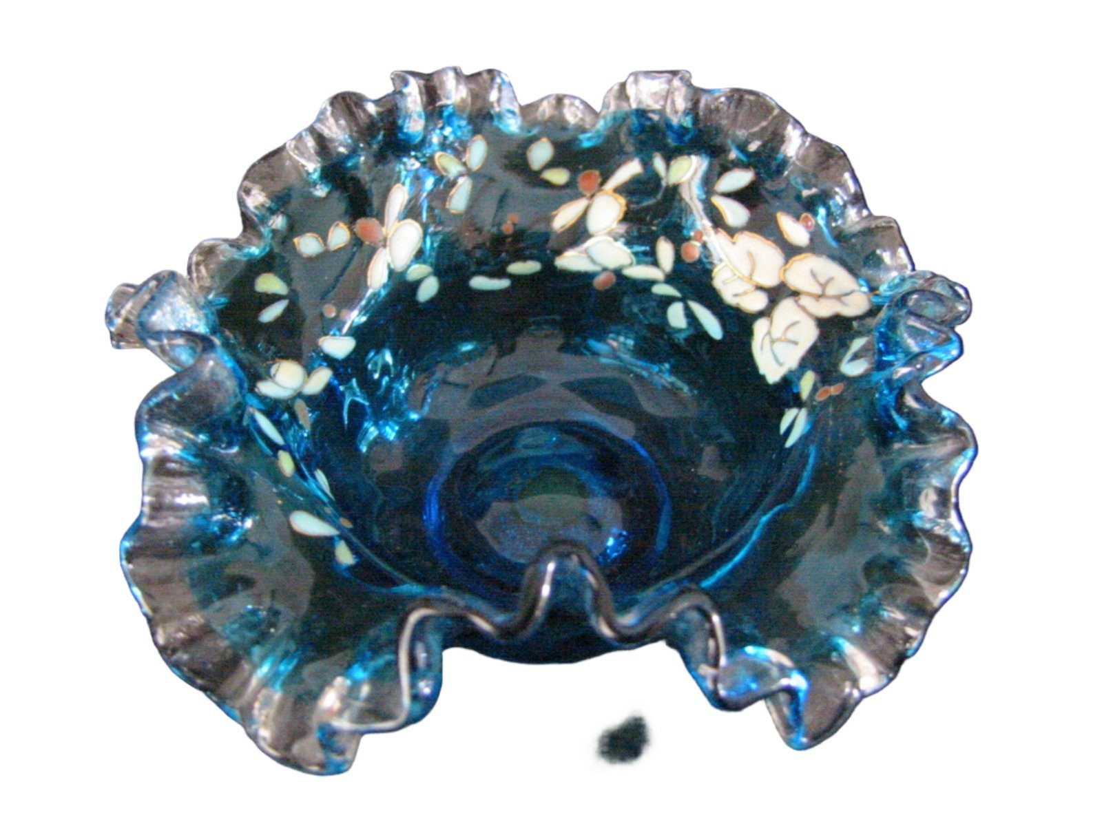 Indigo Blue Blown Ribbed Enameling Glass Bowl White Flowers Gilt Decorated - Designer Unique Finds 