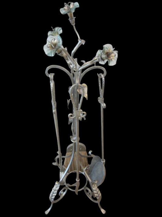 Janice Minor Design Wrought Iron Amaryllis Glass Flowers Fireplace Tool Set 