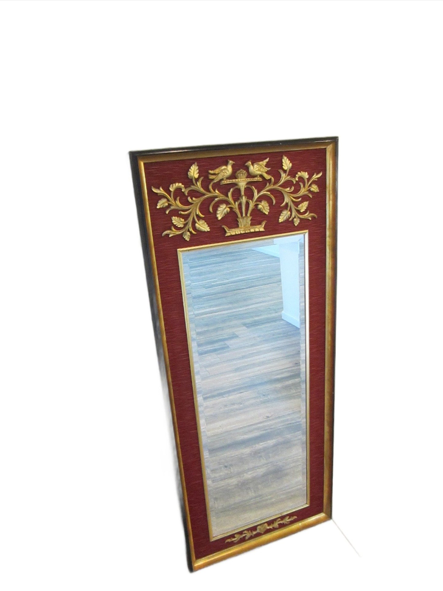 La Barge Baroque Style Red Fabric Gold Ornate Beveled Floor Mirror - Designer Unique Finds 