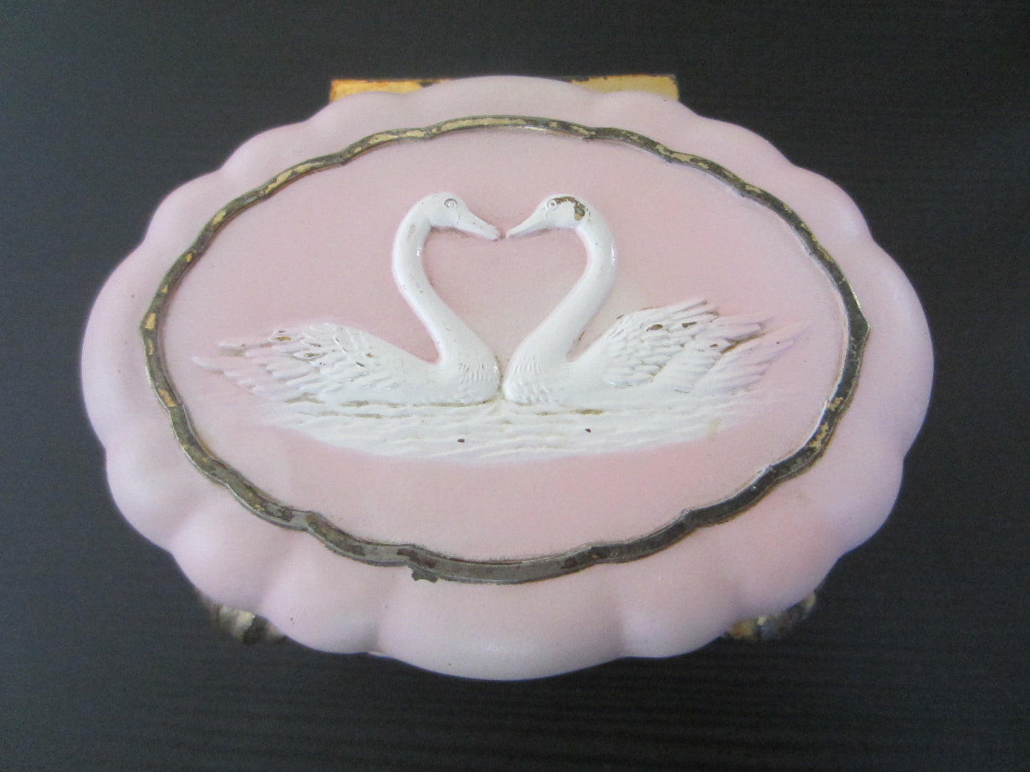 Sankyo Japan Pink Oval White Swans Lilies Musical Jewelry Box