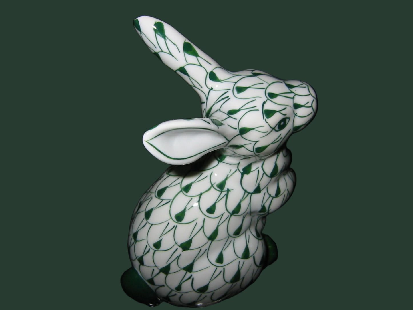 Herend Style Green On White Porcelain Rabbit Statue Hand Painted Marked 