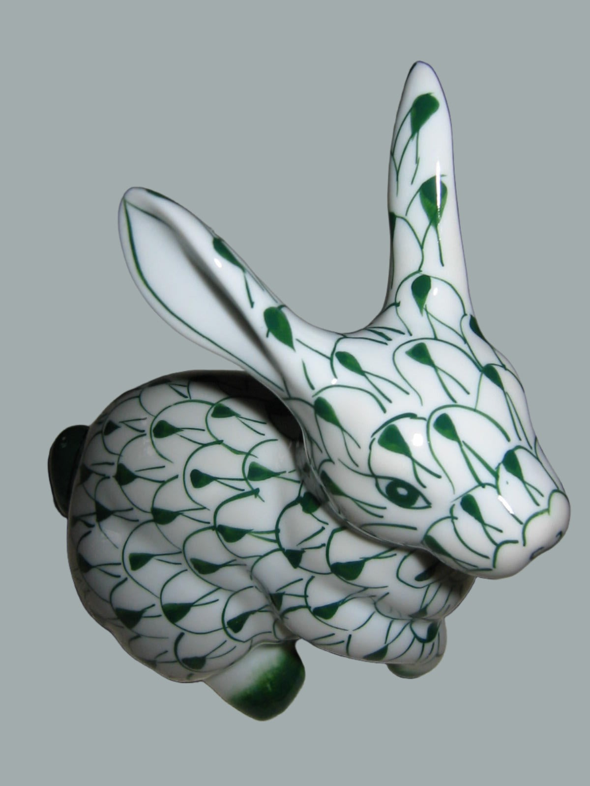 Herend Style Green On White Porcelain Rabbit Statue Marked Hand Painted