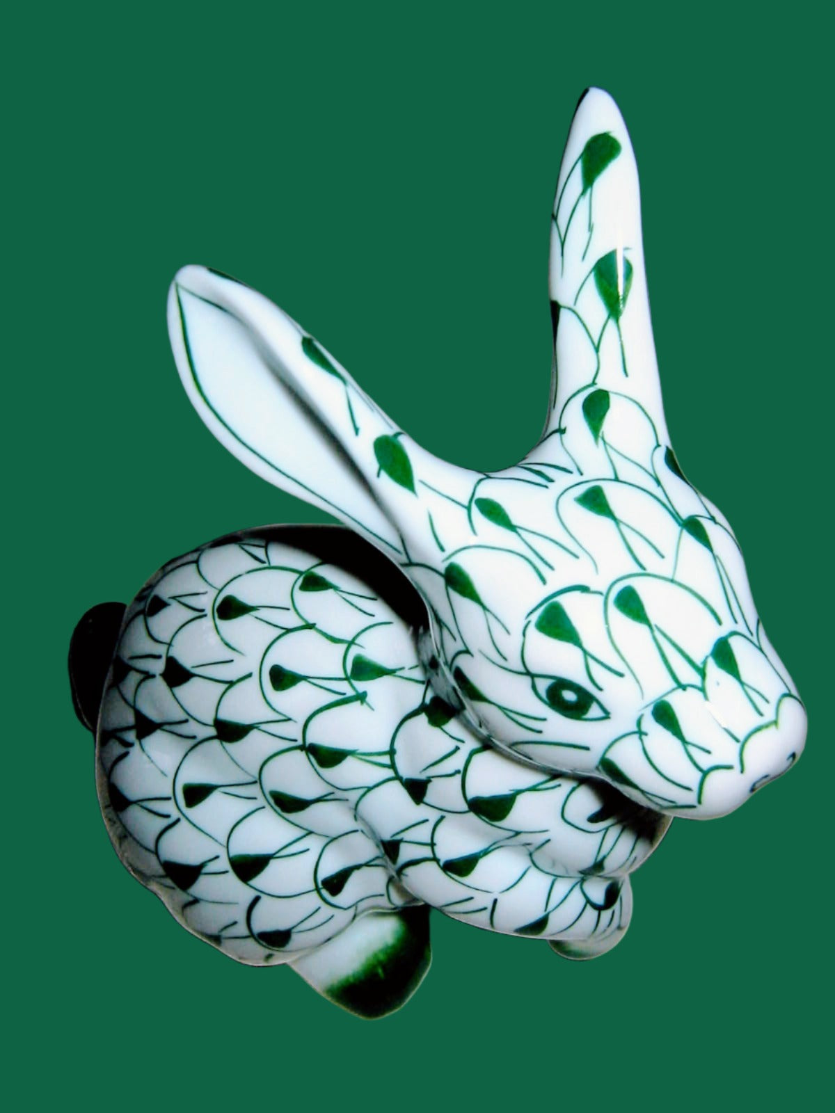 Herend Style Green On White Porcelain Rabbit Statue Marked Hand Painted