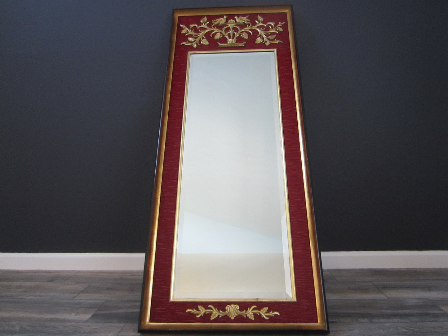 La Barge Baroque Style Red Fabric Gold Ornate Beveled Floor Mirror - Designer Unique Finds 