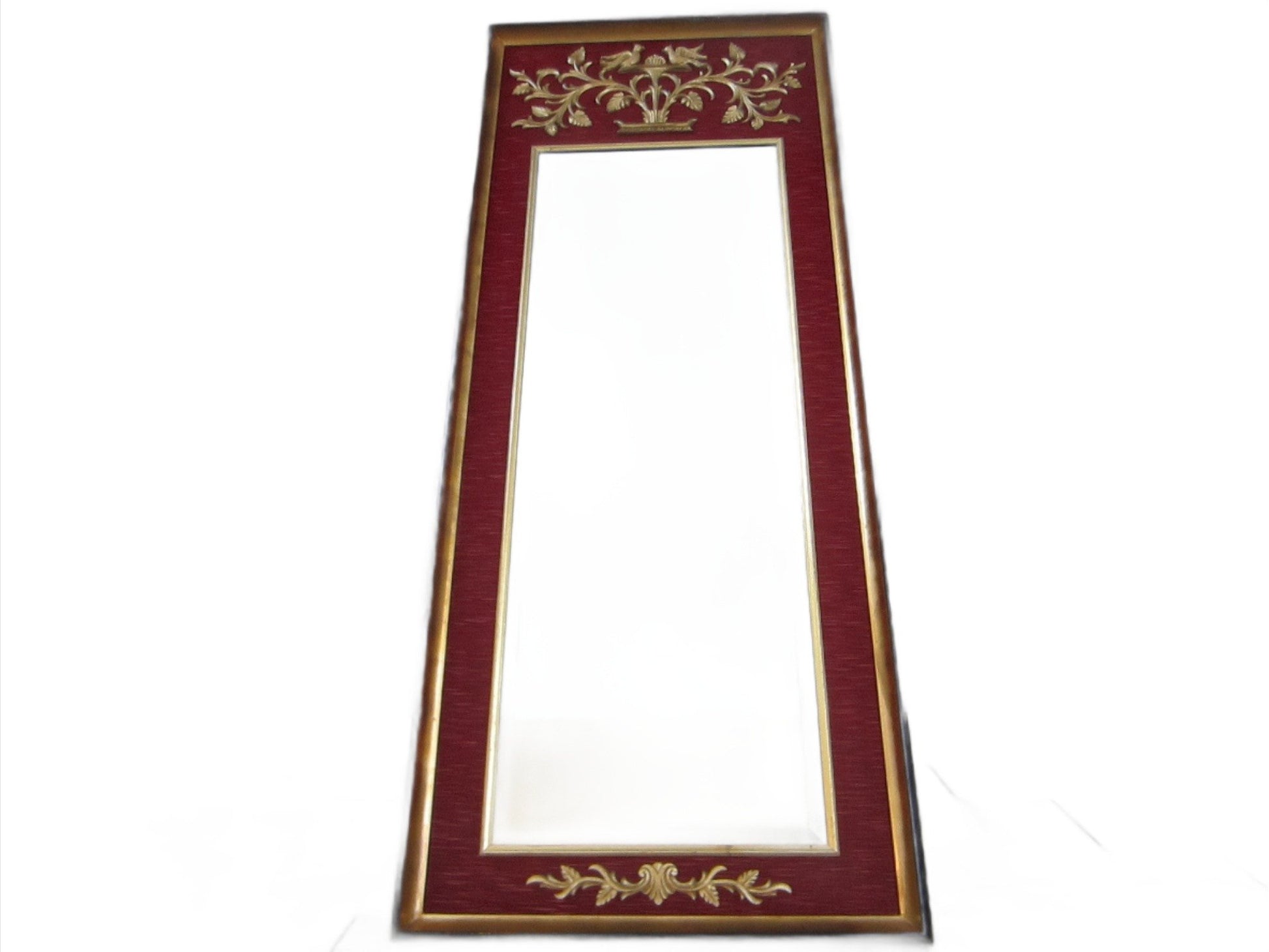 La Barge Baroque Style Red Fabric Gold Ornate Beveled Floor Mirror - Designer Unique Finds 