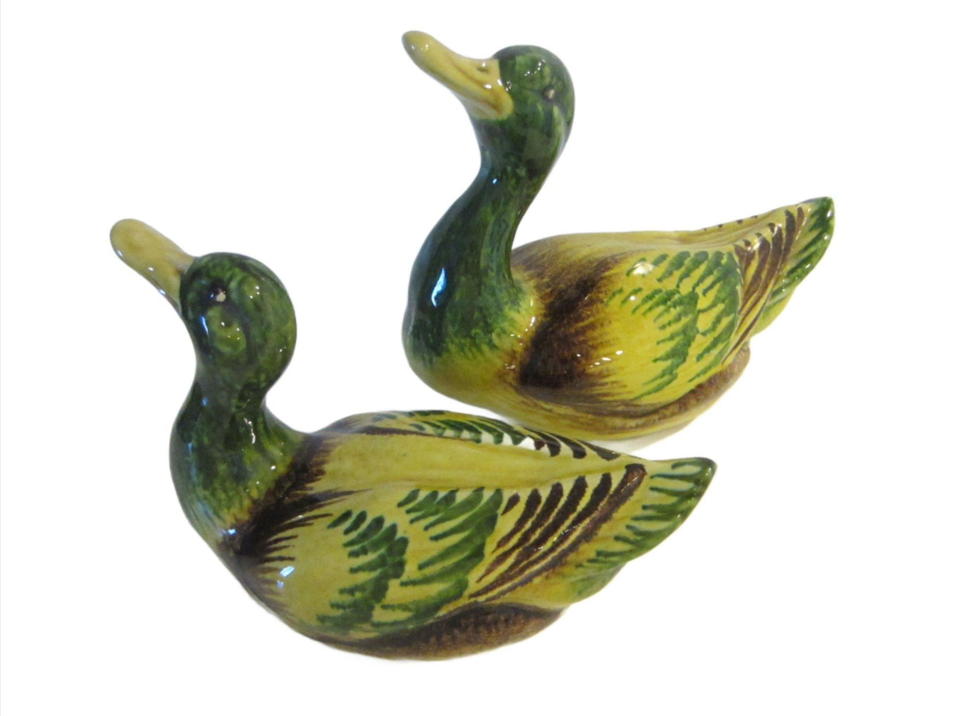 Italian Green Ceramic Ducks Yellow Accent - Designer Unique Finds 