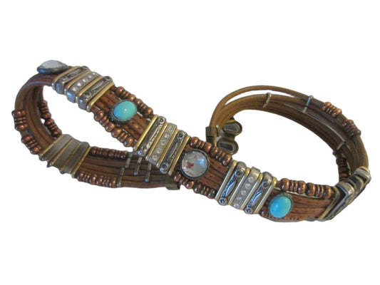 Tribal Tan Leather Belt Turquoise Rhinestone Cabochons Various Beads - Designer Unique Finds 