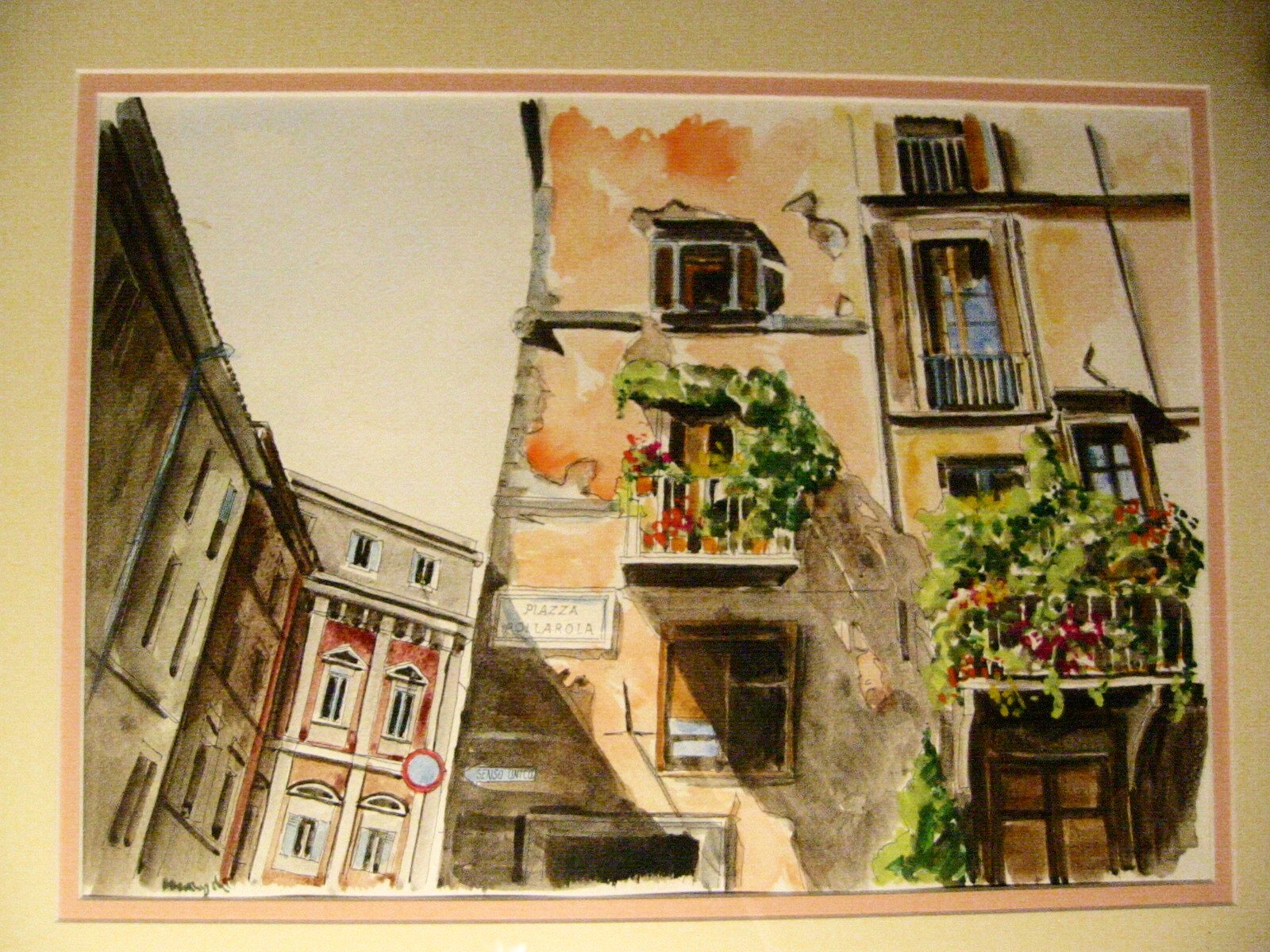 Piazza Pollarola City View Impressionist Italian Signed Watercolor - Designer Unique Finds 