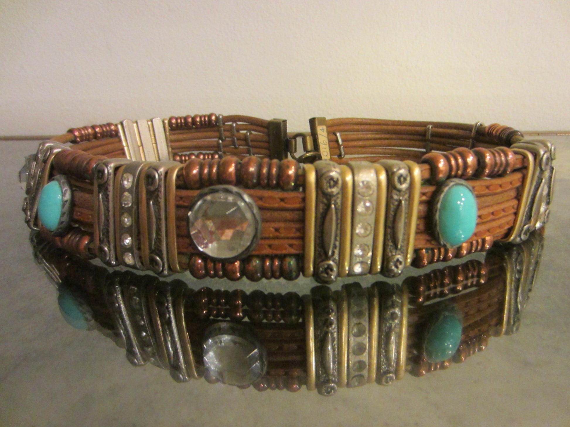 Tribal Tan Leather Belt Turquoise Rhinestone Cabochons Various Beads - Designer Unique Finds 