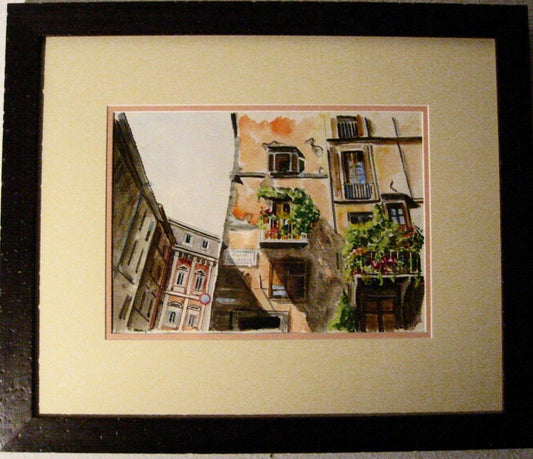 Piazza Pollarola City View Impressionist Italian Signed Watercolor - Designer Unique Finds 