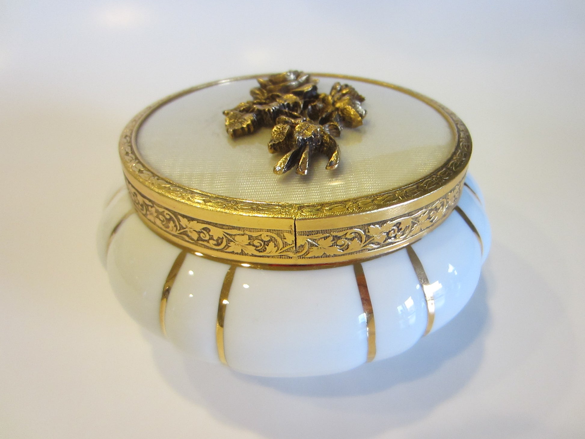 White Porcelain Matson Powder Jar Bronze Rose Bouquet Medallion Cover Gold Stripes - Designer Unique Finds 