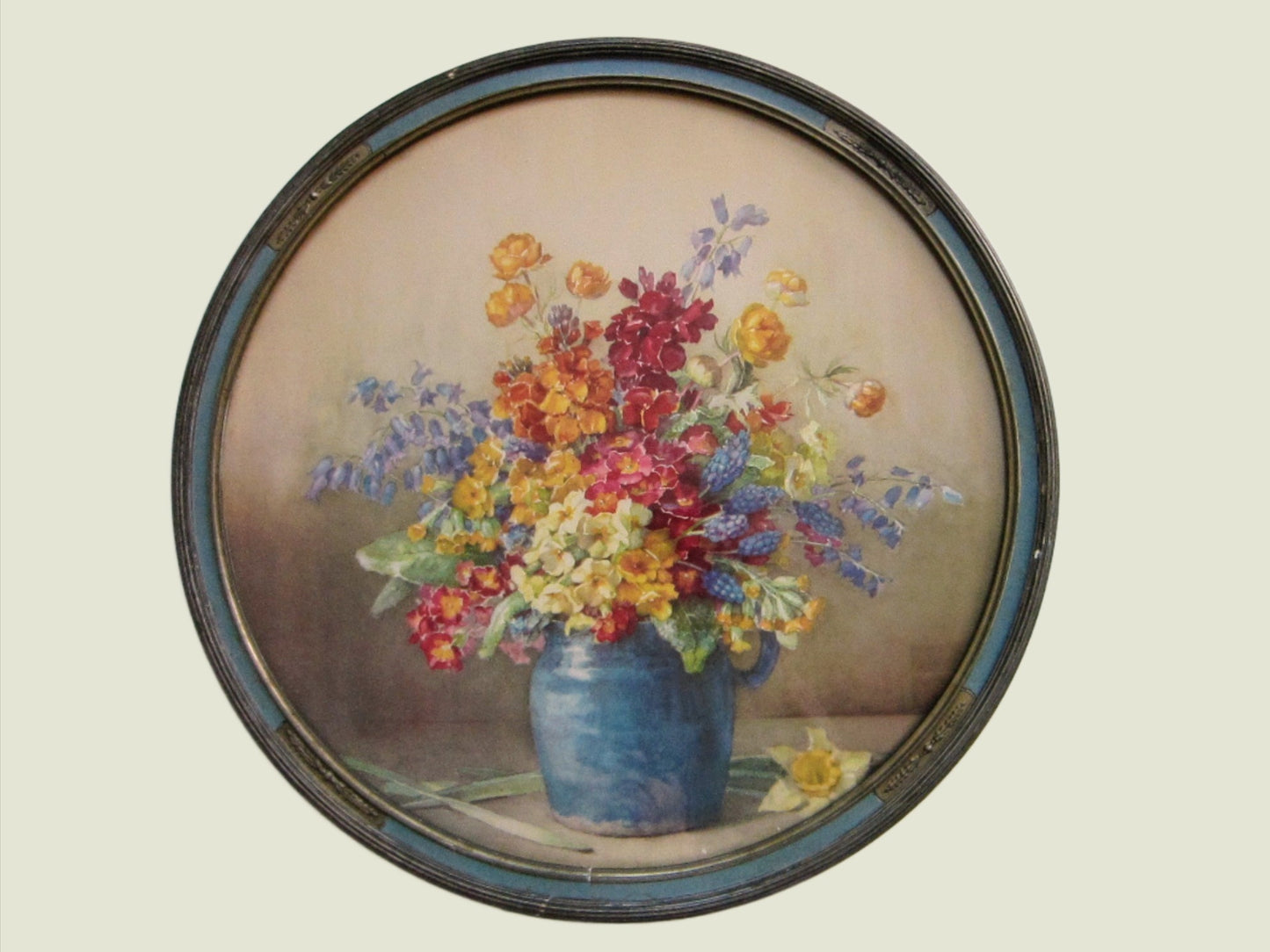 Still Life Print Flowers In Blue Pot In Original Circular Floral Gilt Frame