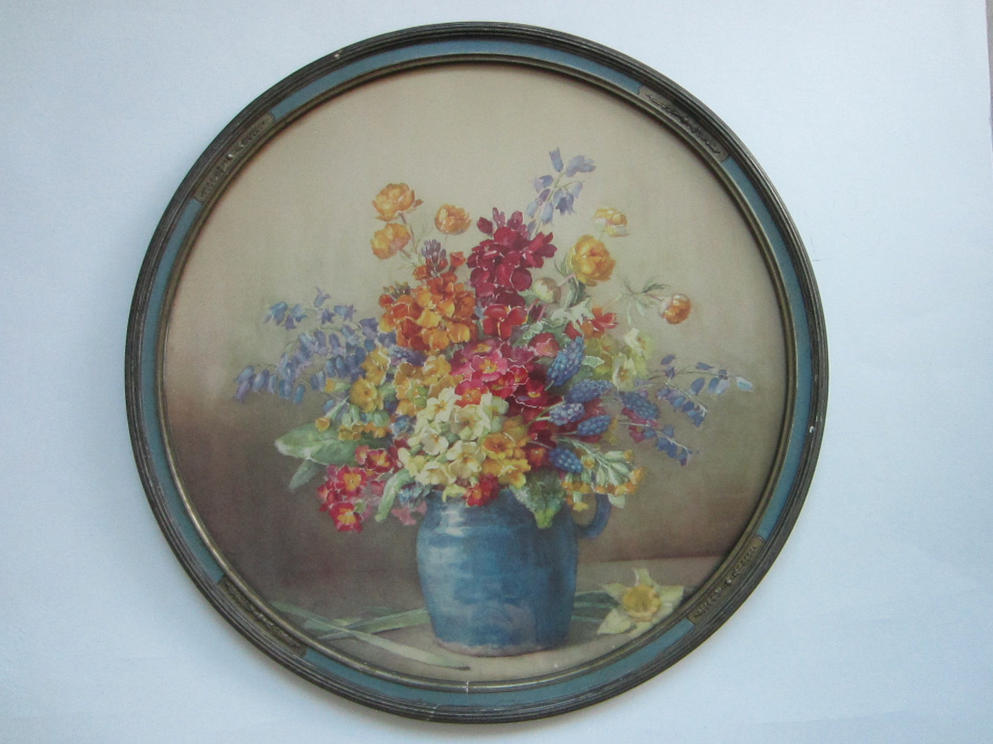 Still Life Print Flowers In Blue Pot In Original Circular Floral Gilt Frame