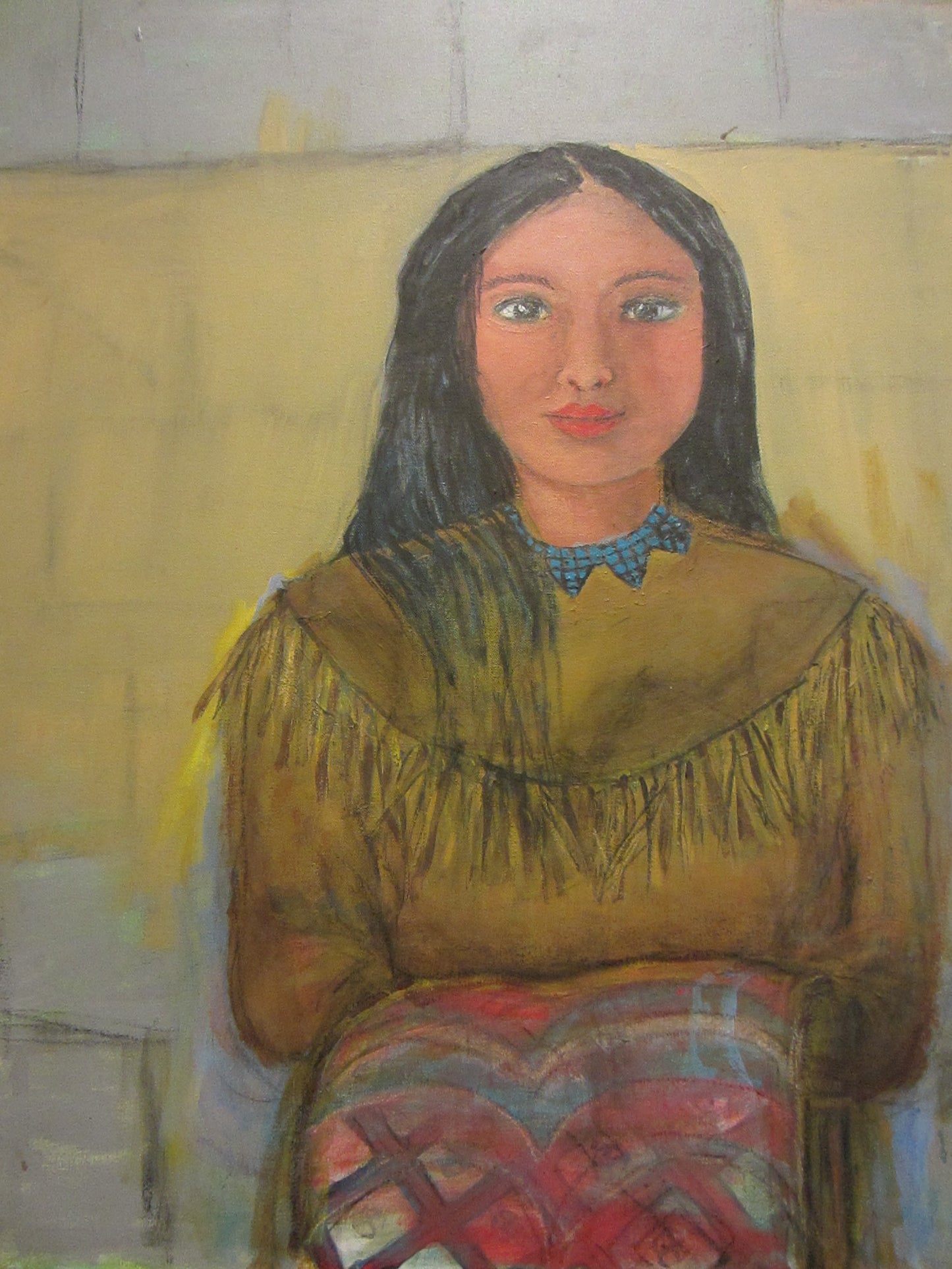 Folk Art Native Female Portrait Oil On Canvas - Designer Unique Finds 